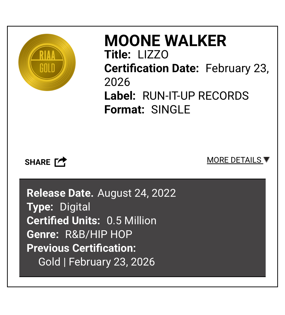Supplied RIAA Gold certification for Moone Walker’s single Lizzo, certified February 23, 2026