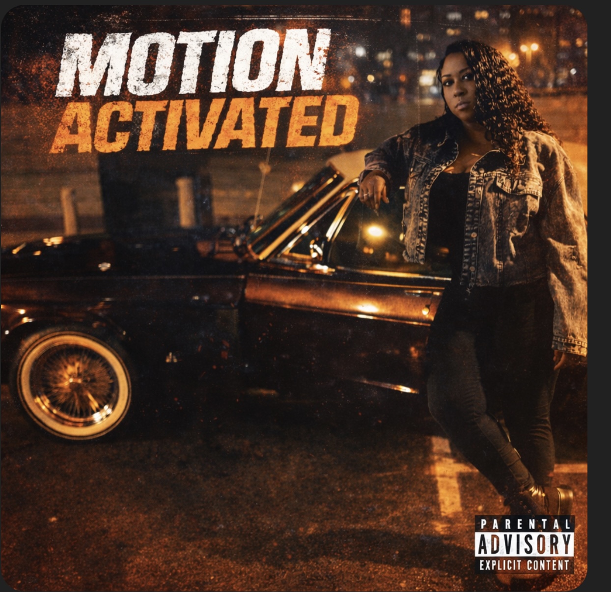 Cover art for Motion Activated — Ms. Williams leaning on a classic convertible at night